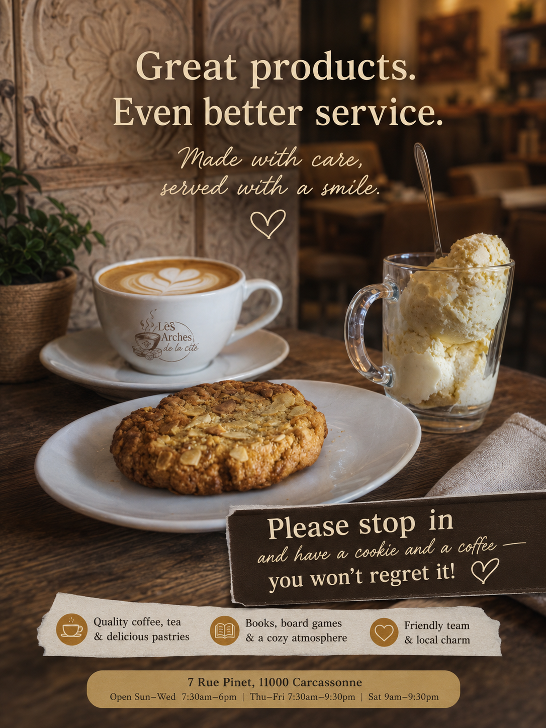 Official Les Arches de la Cité café poster with coffee, pastry and café information